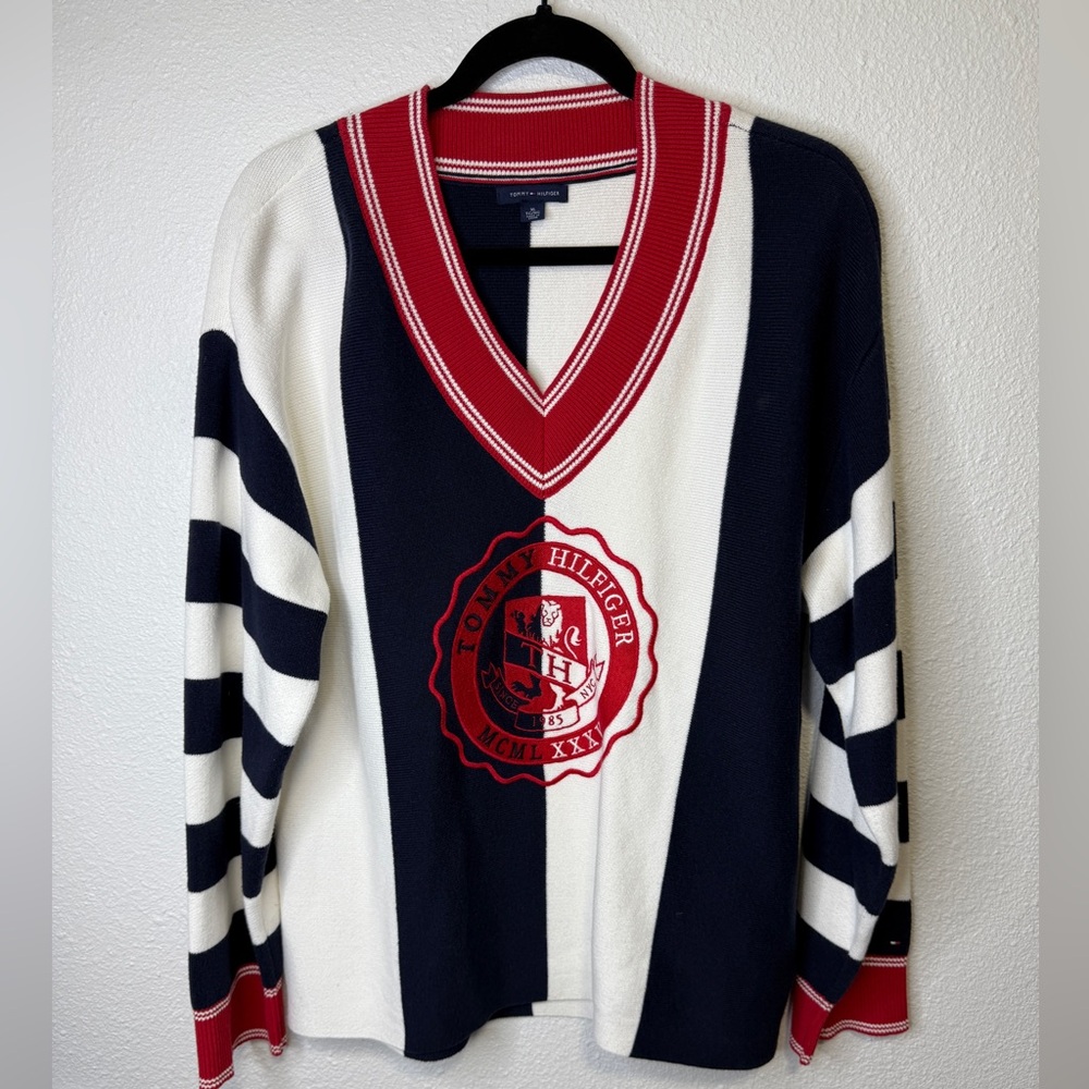 Tommy Hilfiger Women’s V-Neck Sweater with Navy, White, and Red Stripes